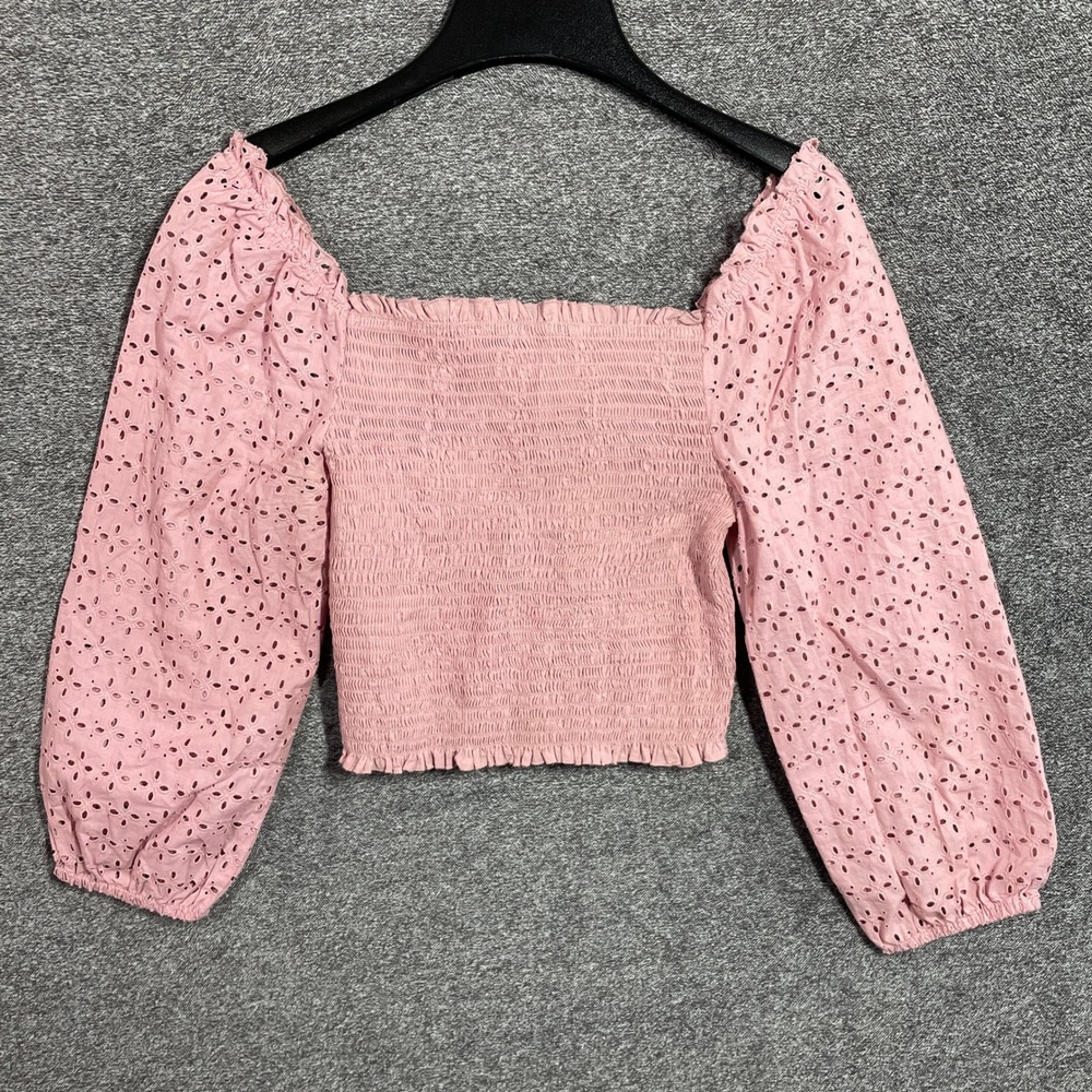 Love Tree Crop Top Pink Eyelet Puff Sleeve Smocked Square Neck Cotton